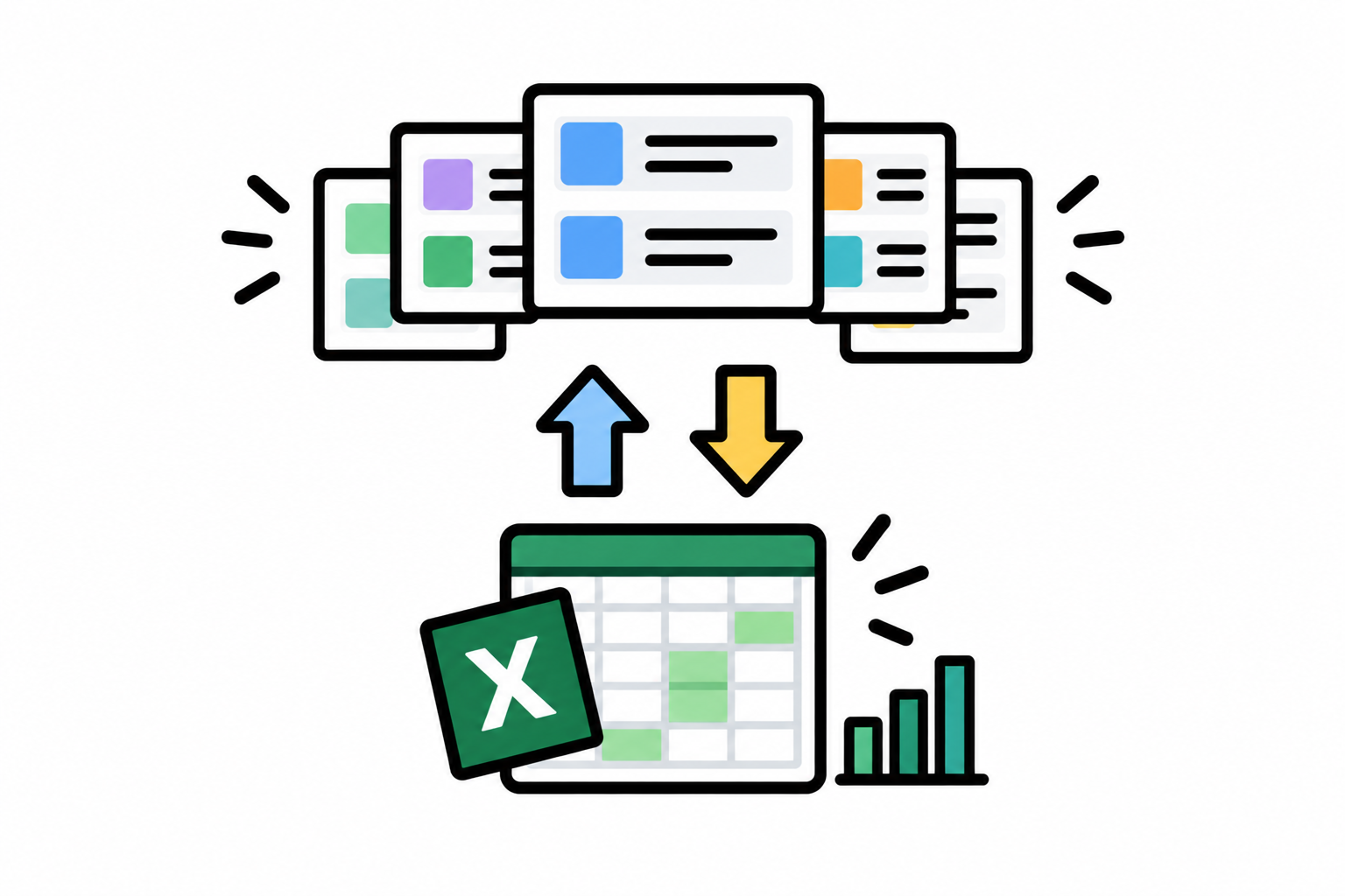 取引情報の一覧とExcelへの入力・整理を表すイメージ図