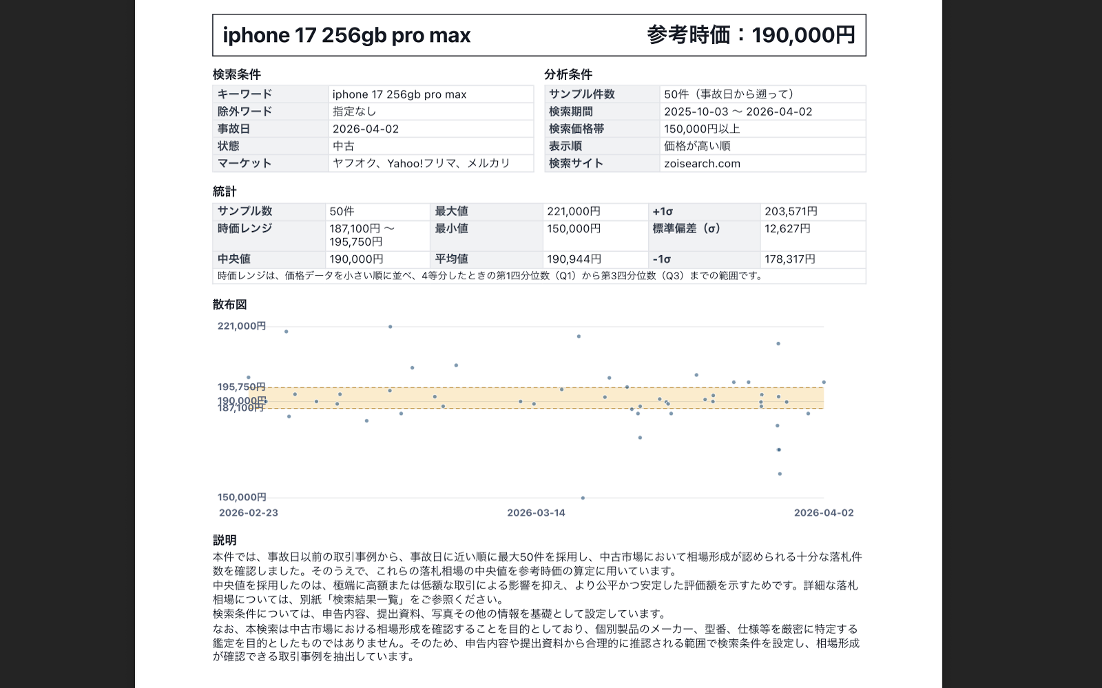 検索結果と評価根拠をPDF出力する画面